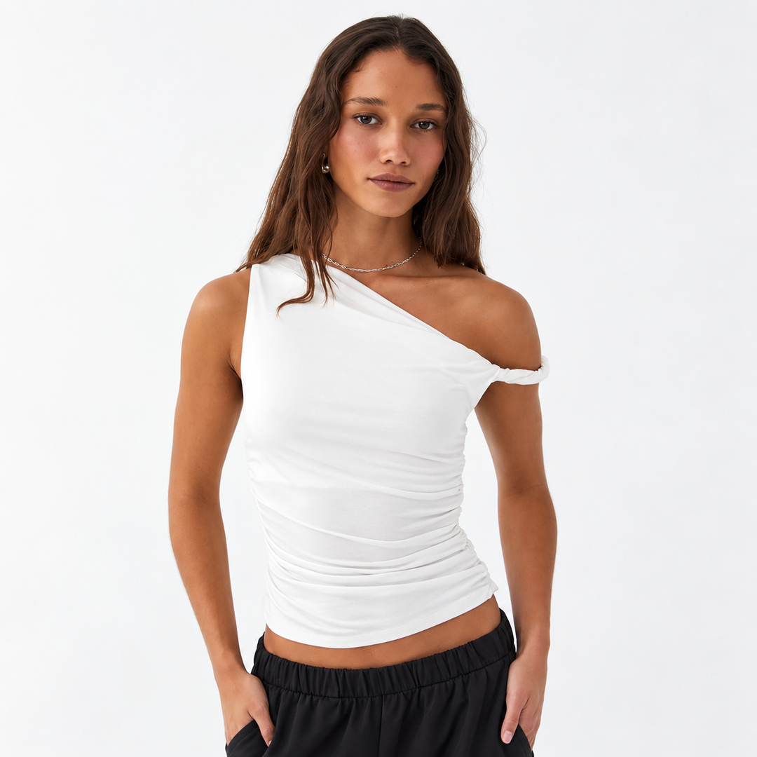 Off-Axis Ruched Sleeveless Top