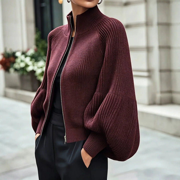 Nouveau Rouge Balloon-Sleeve Zip-Up Cardigan