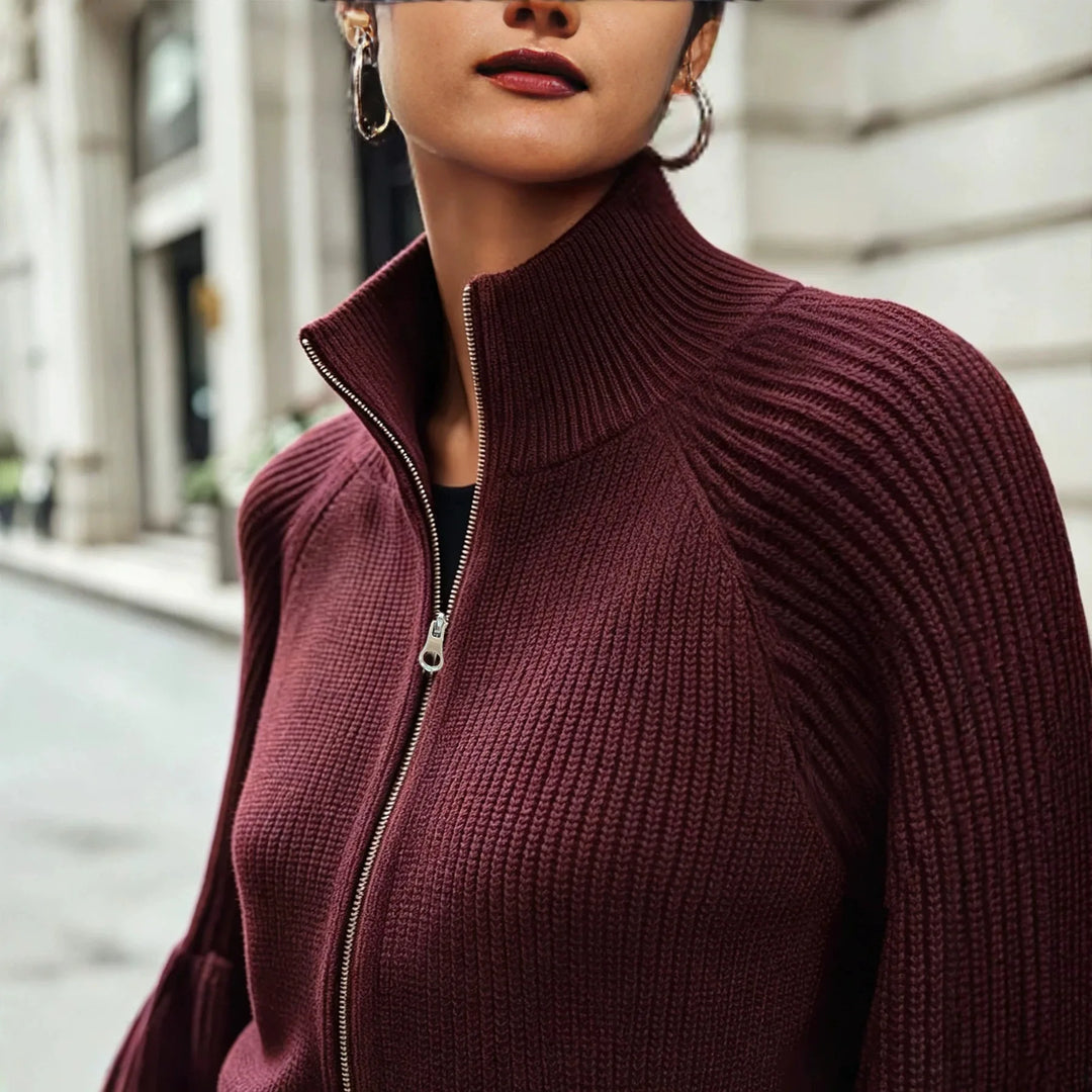 Nouveau Rouge Balloon-Sleeve Zip-Up Cardigan