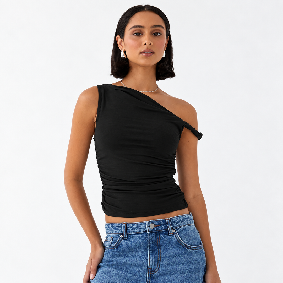 Off-Axis Ruched Sleeveless Top