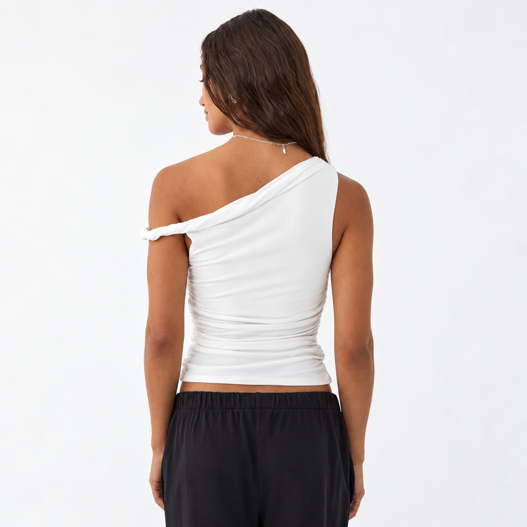 Off-Axis Ruched Sleeveless Top
